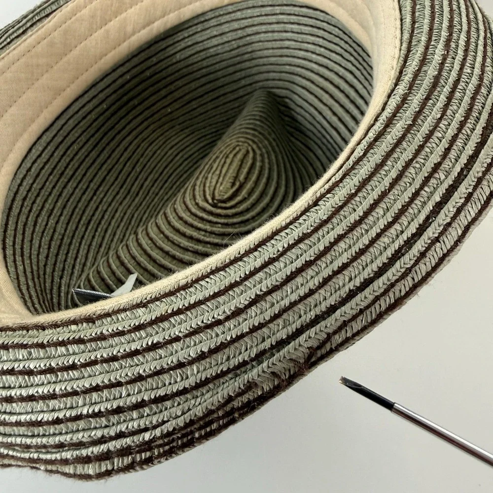 GOORIN BROS Tan Paper Straw Fedora Hat Adult Large Striped Ribbon‎ Brown Blue